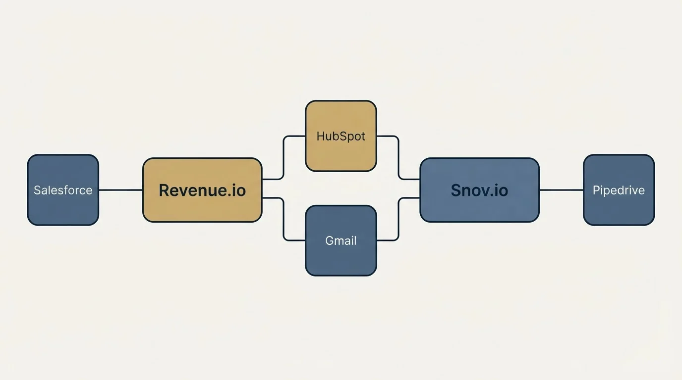 Integration flow: Integration Ecosystem (Revenue.io, Snov.io, HubSpot, Gmail)