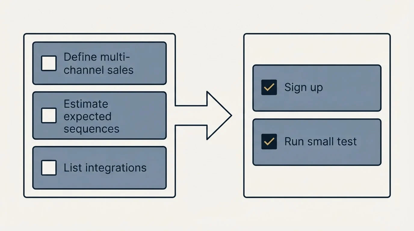 Before-and-after steps: Getting Started Checklist (Define multi-channel sales, Estimate expected sequences, List integrations, Sign up)