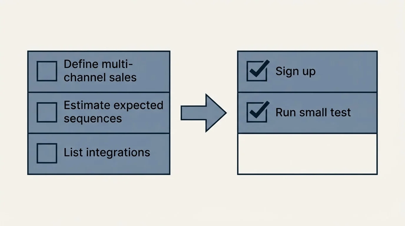 Before-and-after steps: Getting Started Checklist (Define multi-channel sales, Estimate expected sequences, List integrations, Sign up)
