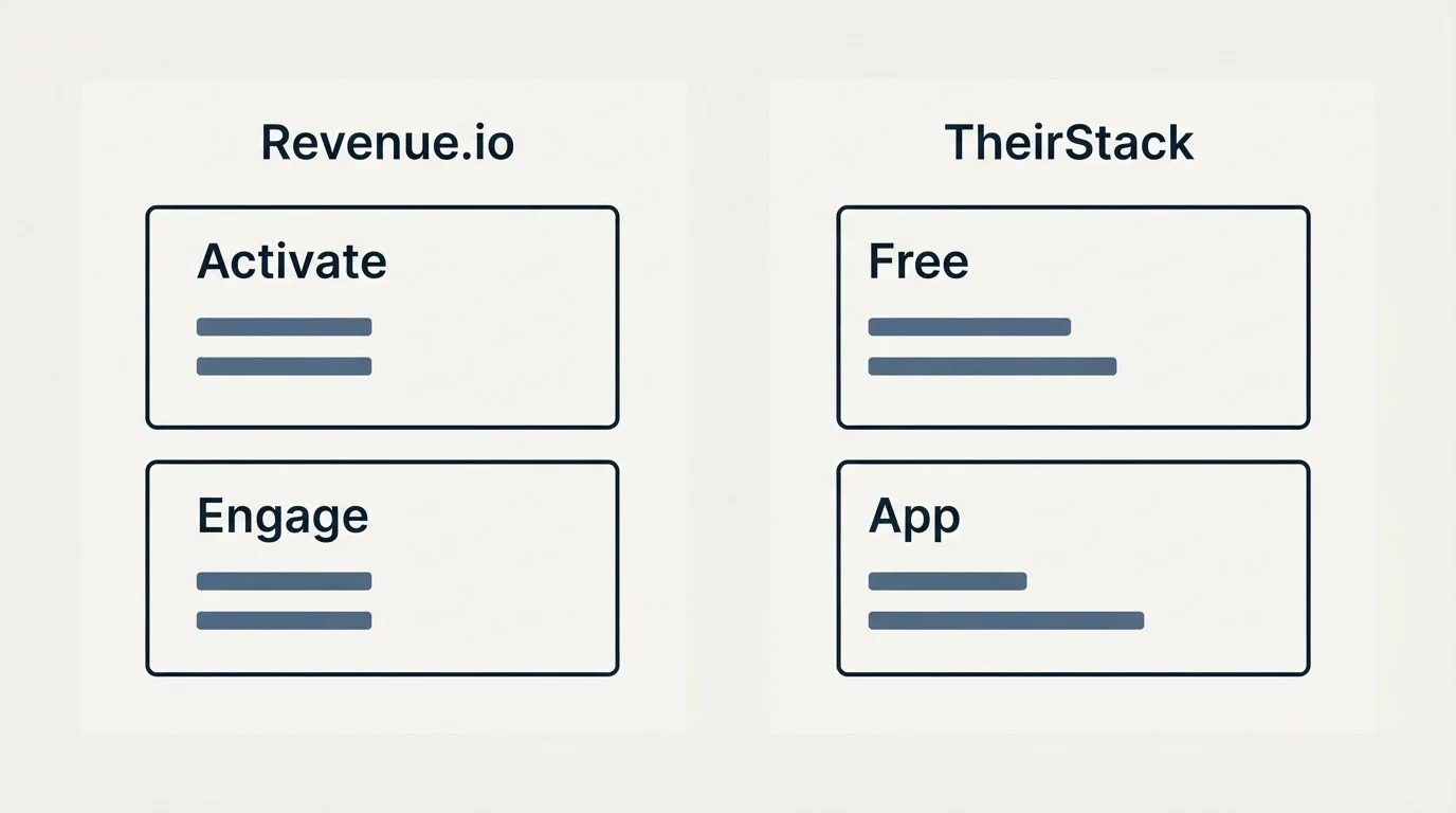 Pricing panels: Pricing Comparison (Revenue.io, TheirStack, Activate, Free)