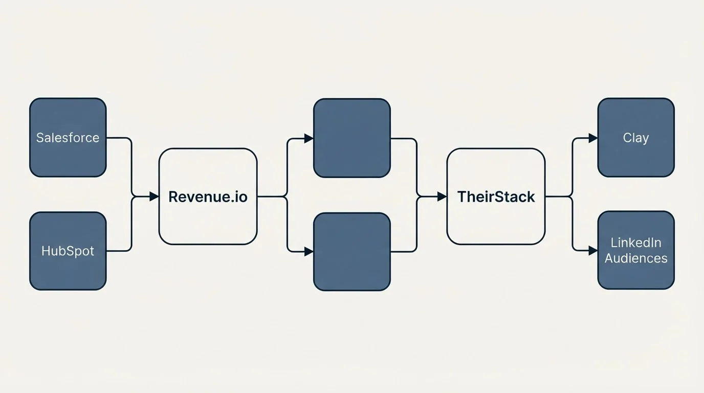Integration flow: Integration Ecosystem (Revenue.io, TheirStack, Salesforce, Clay)
