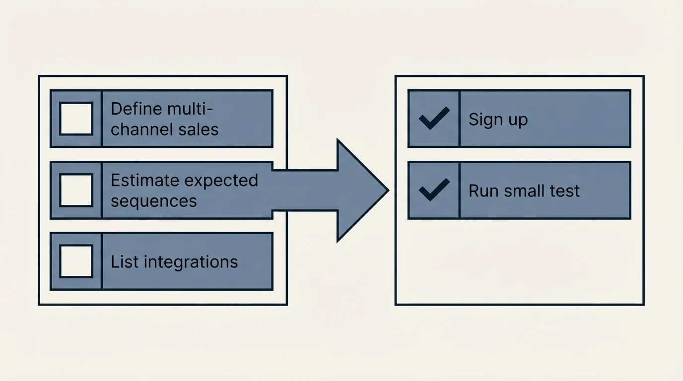 Before-and-after steps: Getting Started Checklist (Define multi-channel sales, Estimate expected sequences, List integrations, Sign up)
