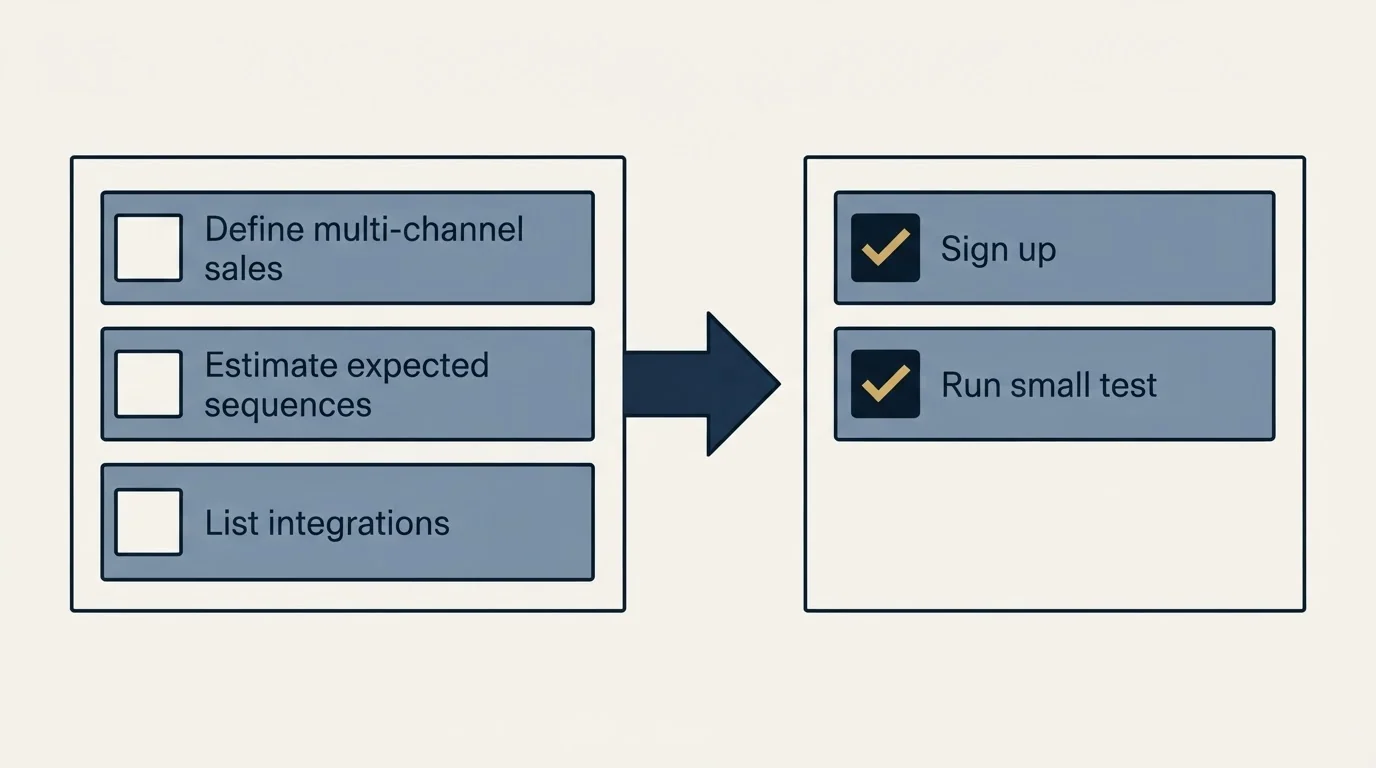 Before-and-after steps: Getting Started Checklist (Define multi-channel sales, Estimate expected sequences, List integrations, Sign up)