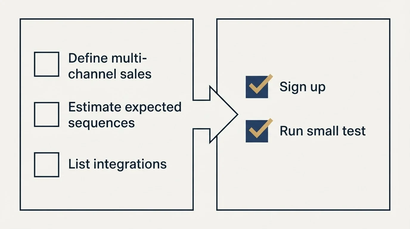 Before-and-after steps: Getting Started Checklist (Define multi-channel sales, Estimate expected sequences, List integrations, Sign up)