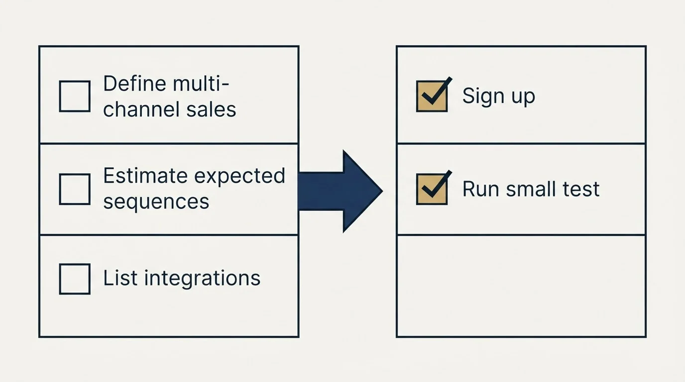 Before-and-after steps: Getting Started Checklist (Define multi-channel sales, Estimate expected sequences, List integrations, Sign up)