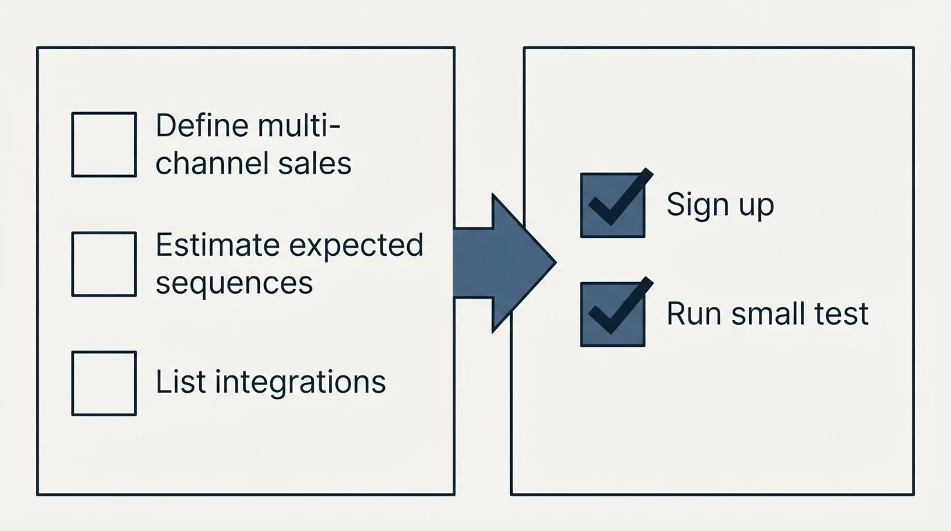 Before-and-after steps: Getting Started Checklist (Define multi-channel sales, Estimate expected sequences, List integrations, Sign up)