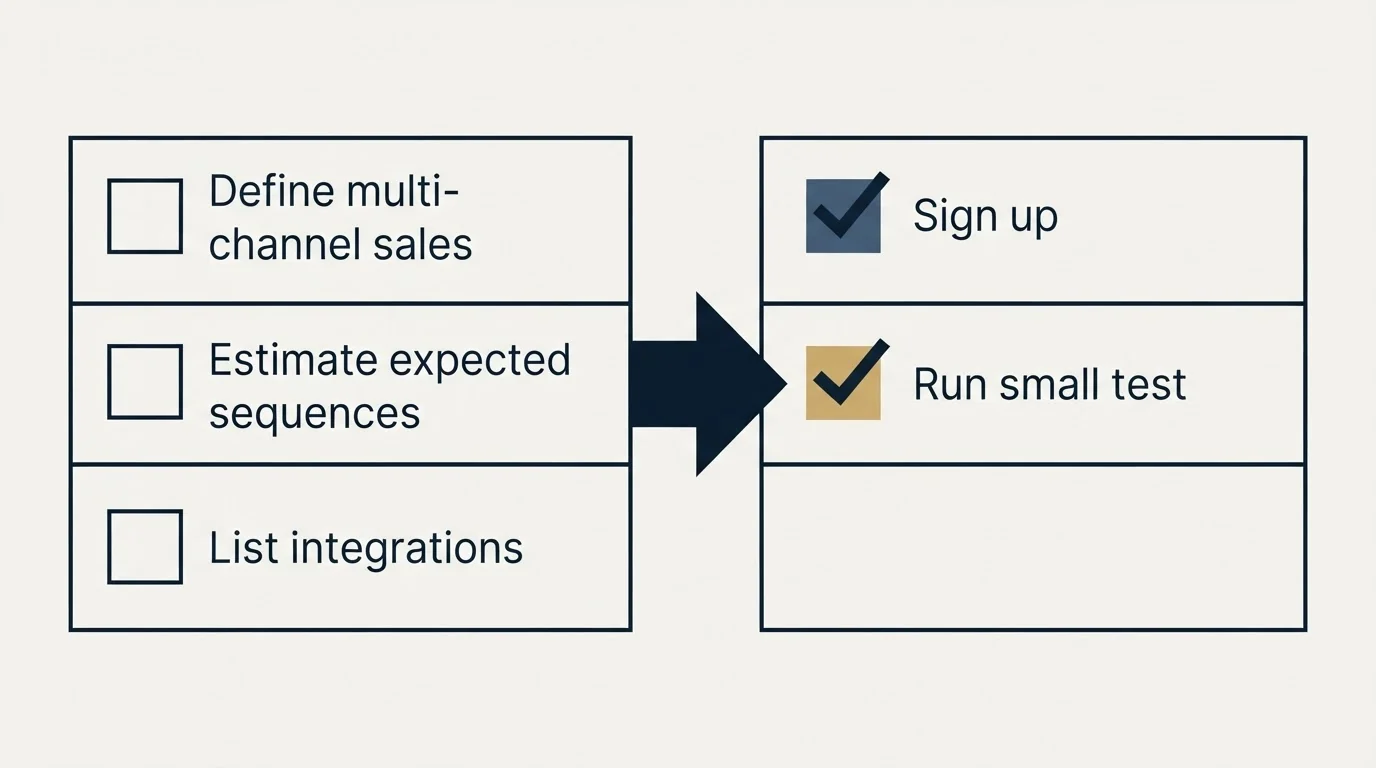 Before-and-after steps: Getting Started Checklist (Define multi-channel sales, Estimate expected sequences, List integrations, Sign up)