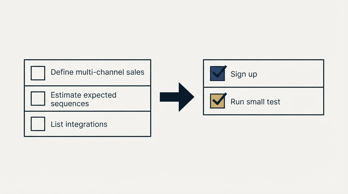 Before-and-after steps: Getting Started Checklist (Define multi-channel sales, Estimate expected sequences, List integrations, Sign up)
