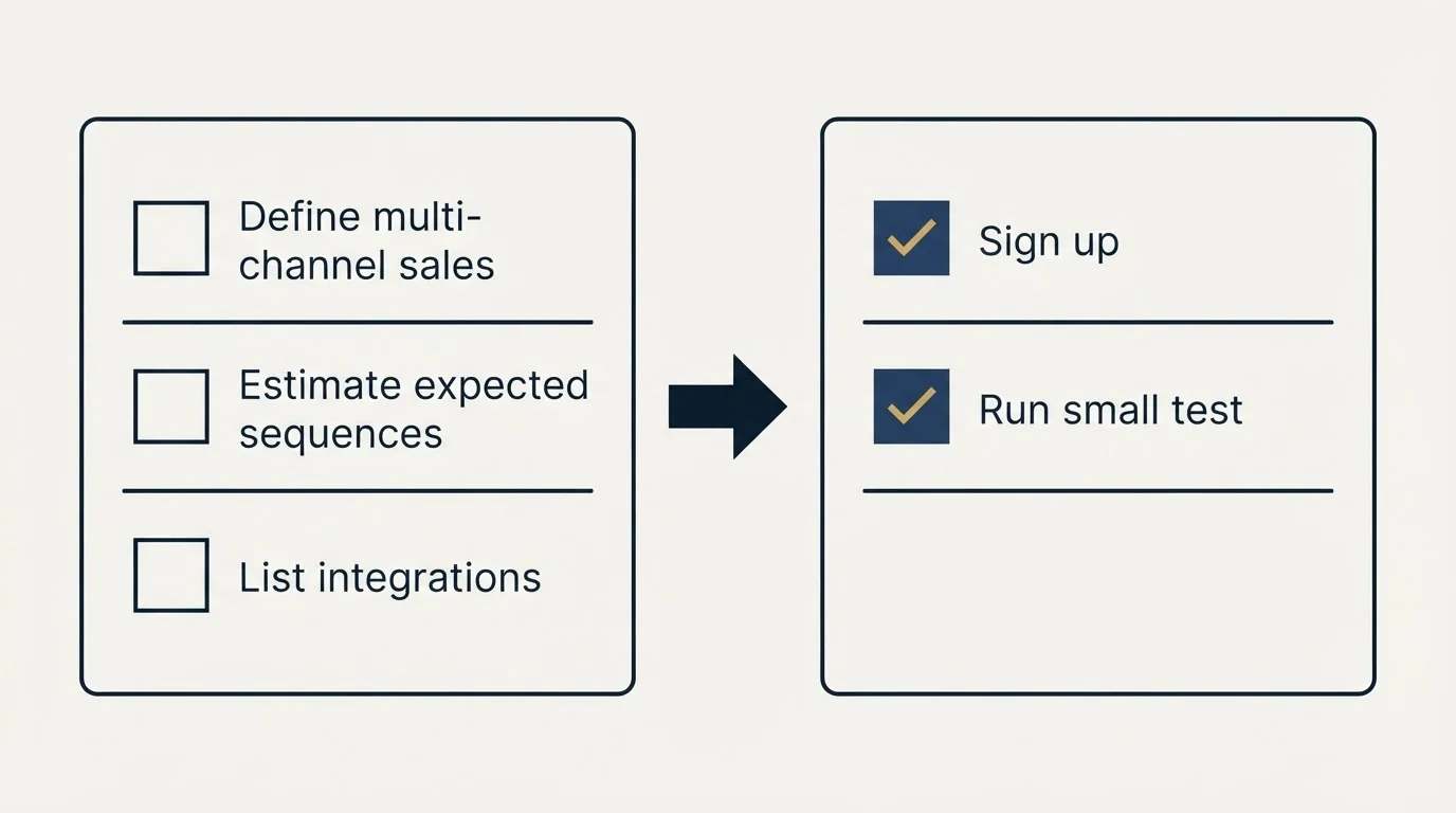 Before-and-after steps: Getting Started Checklist (Define multi-channel sales, Estimate expected sequences, List integrations, Sign up)