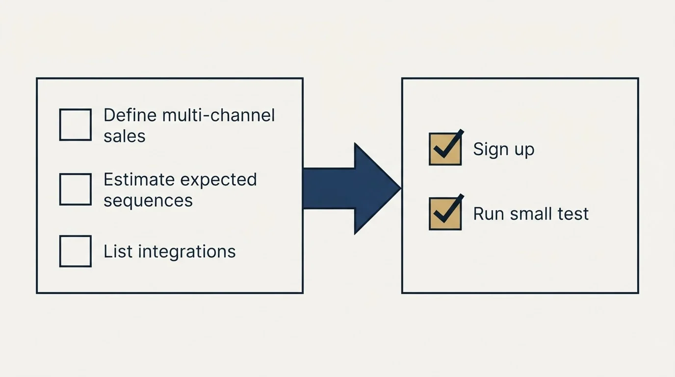 Before-and-after steps: Getting Started Checklist (Define multi-channel sales, Estimate expected sequences, List integrations, Sign up)