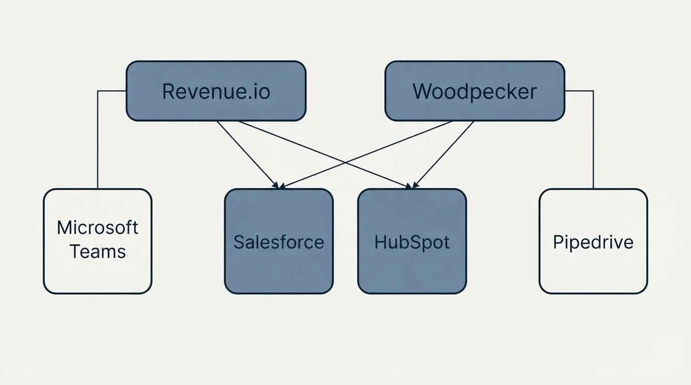 Integration grid: Integration Ecosystem (Revenue.io, Woodpecker, Salesforce, HubSpot)