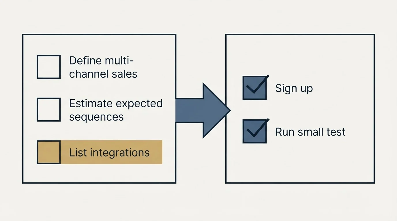 Before-and-after steps: Getting Started Checklist (Define multi-channel sales, Estimate expected sequences, List integrations, Sign up)