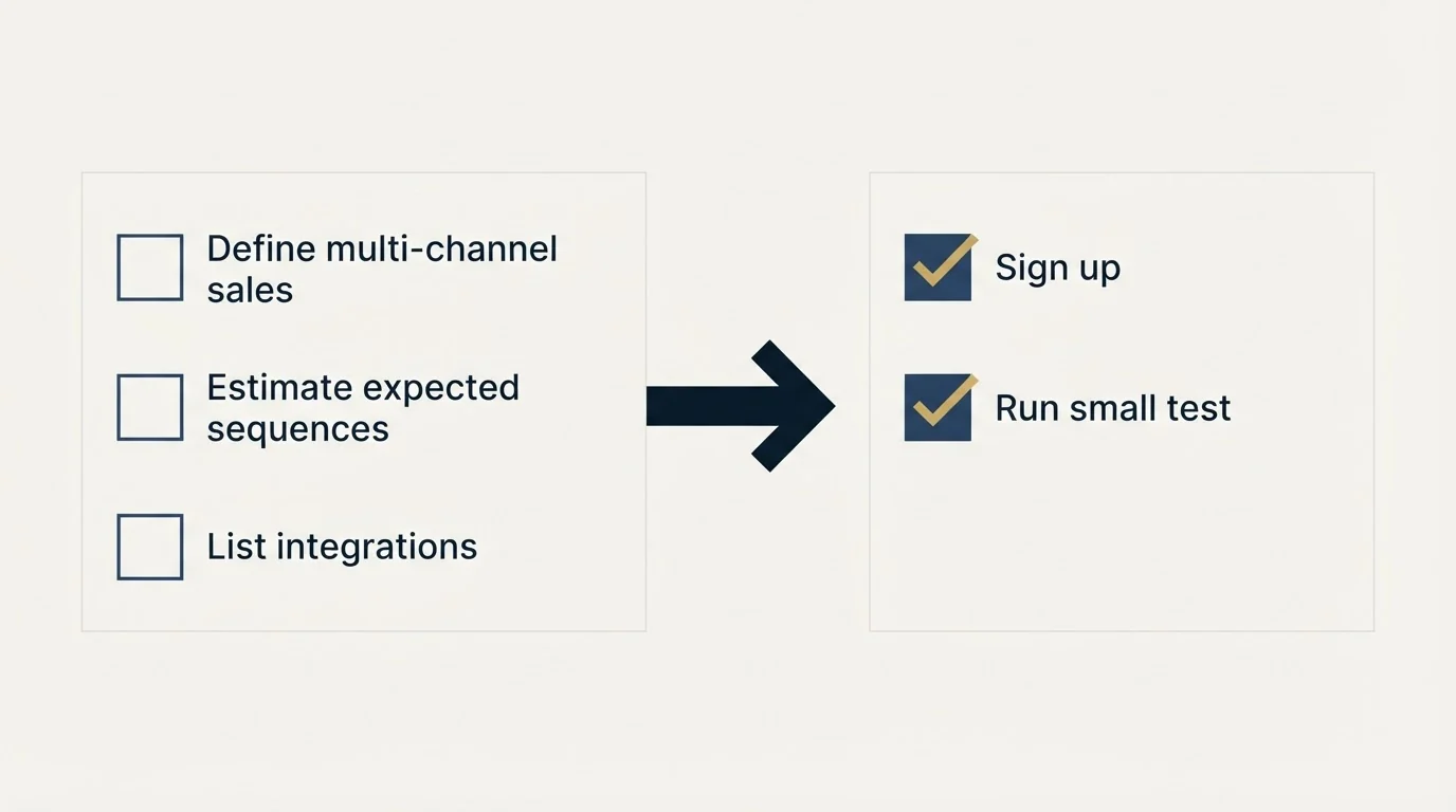 Before-and-after steps: Getting Started Checklist (Define multi-channel sales, Estimate expected sequences, List integrations, Sign up)