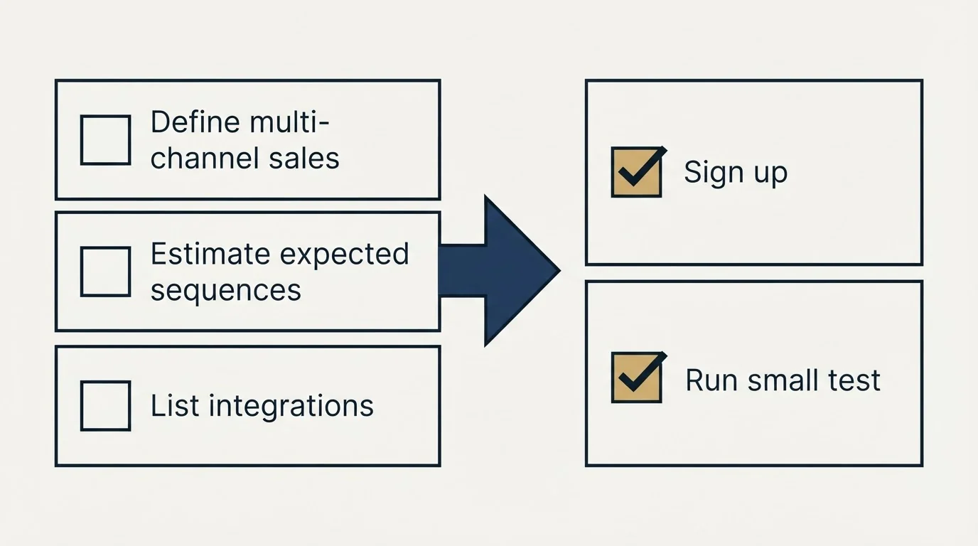 Before-and-after steps: Getting Started Checklist (Define multi-channel sales, Estimate expected sequences, List integrations, Sign up)