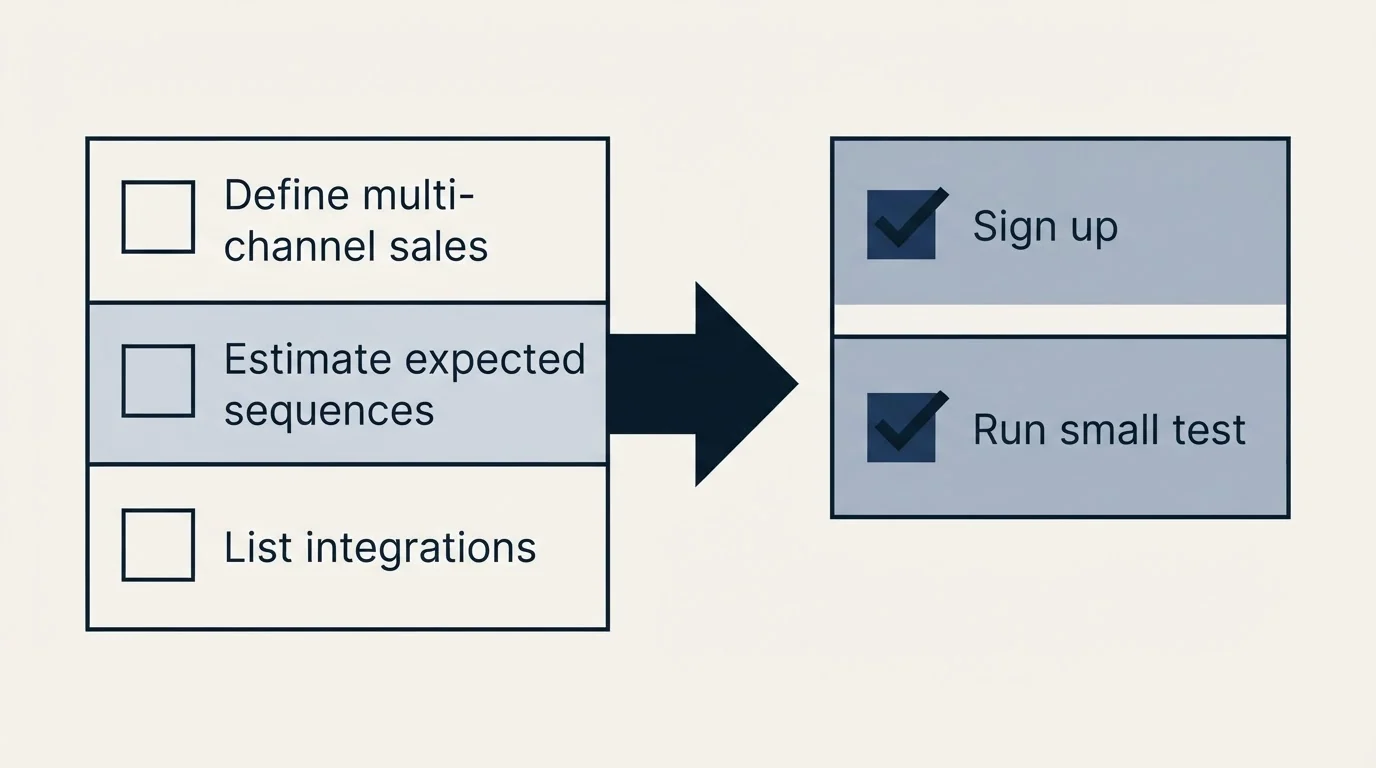 Before-and-after steps: Getting Started Checklist (Define multi-channel sales, Estimate expected sequences, List integrations, Sign up)