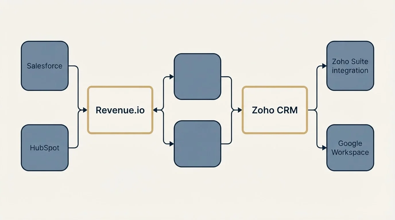 Integration schematic: Integration Ecosystem (Revenue.io, Zoho CRM, Salesforce, Zoho Suite integration)
