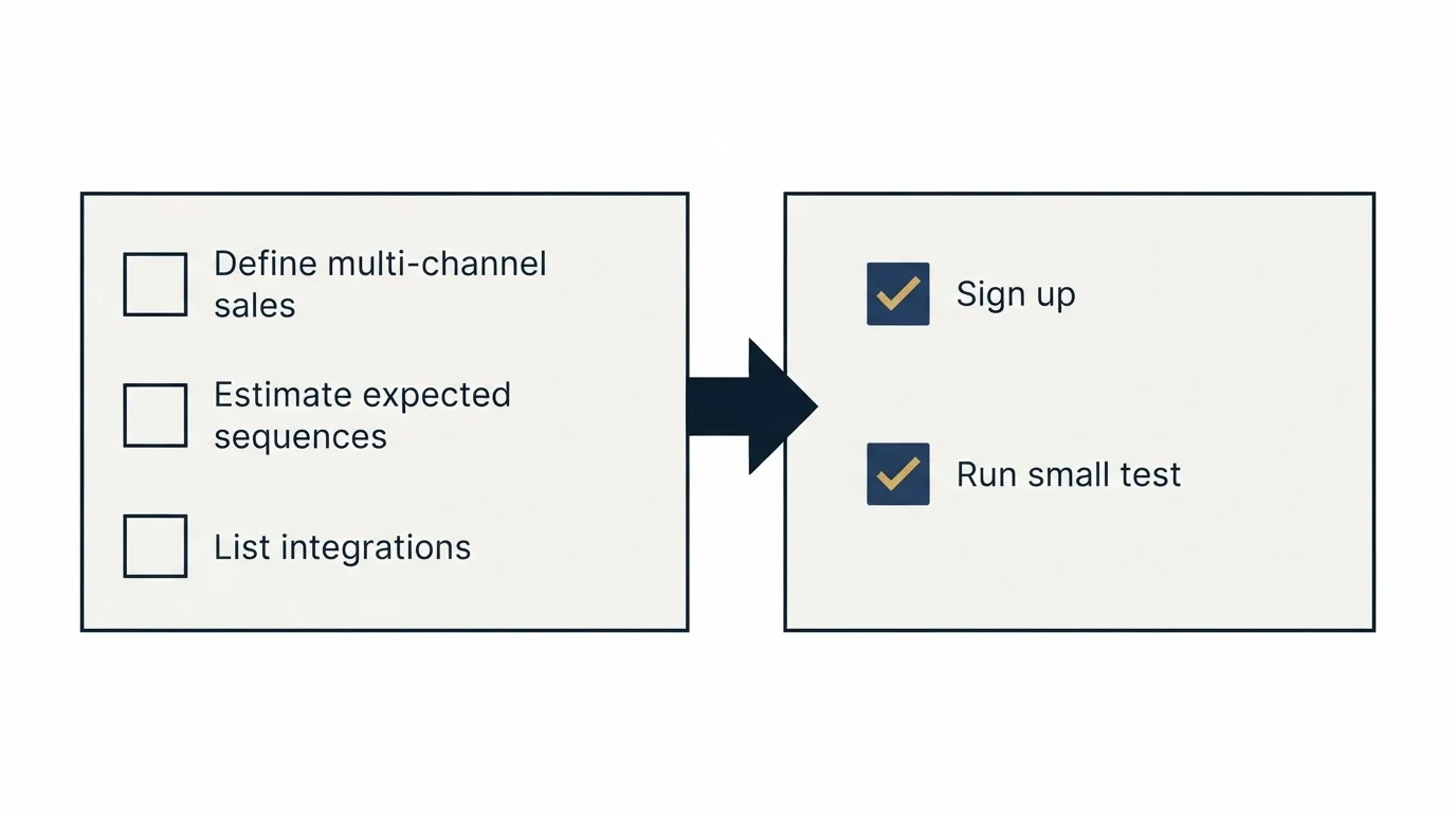 Before-and-after steps: Getting Started Checklist (Define multi-channel sales, Estimate expected sequences, List integrations, Sign up)