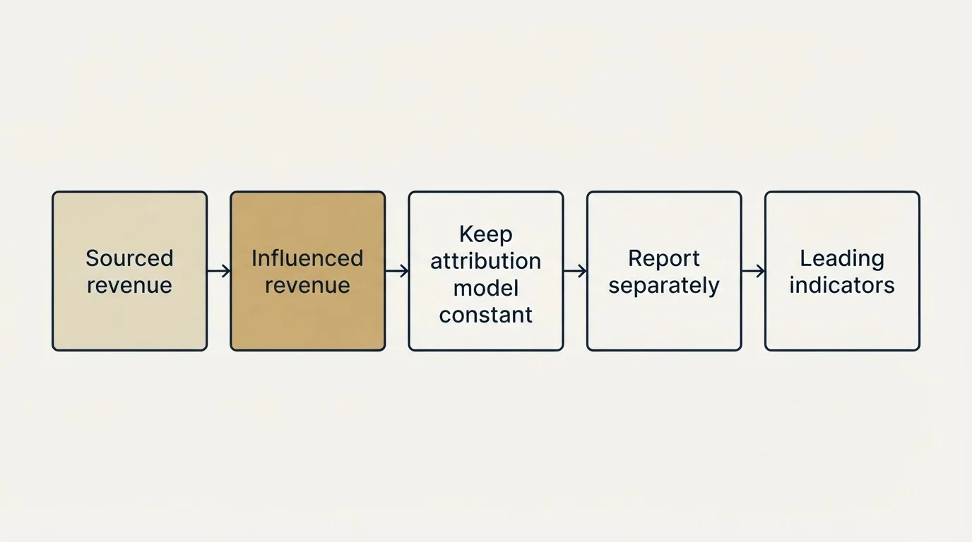 Schematic: How it is measured, and the number it rests on (Sourced revenue, Influenced revenue, Keep attribution model constant, Report separately)