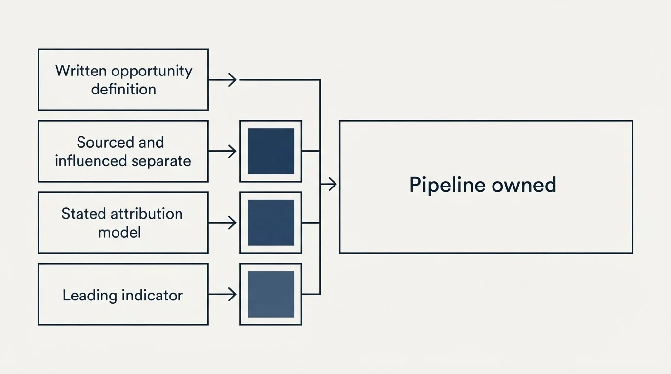Schematic: The short version (Written opportunity definition, Sourced and influenced separate, Stated attribution model, Leading indicator)