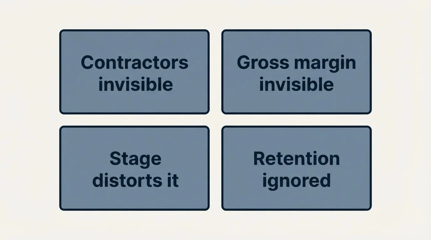 Schematic: Where revenue per employee misleads (Contractors invisible, Gross margin invisible, Stage distorts it, Retention ignored)