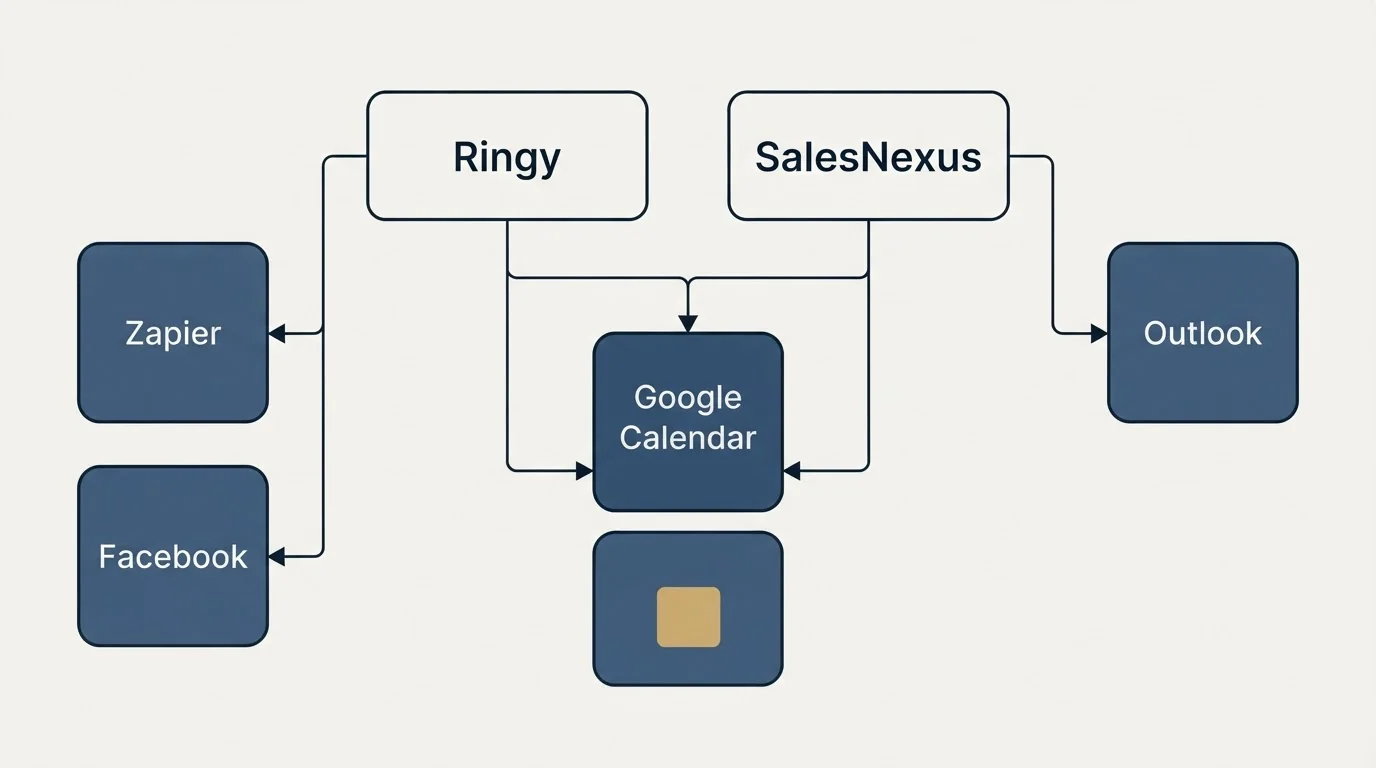 Integration grid: Integration Ecosystem (Ringy, SalesNexus, Google Calendar, Zapier)