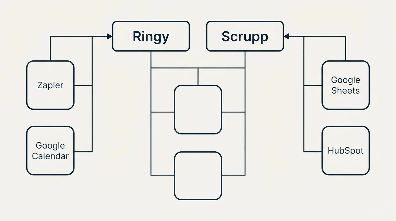 Integration grid: Integration Ecosystem (Ringy, Scrupp, Zapier, Google Sheets)