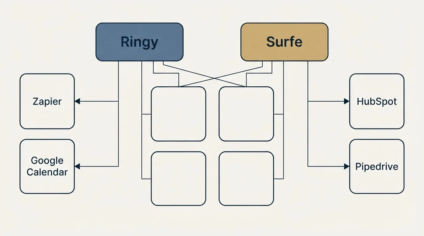 Integration grid: Integration Ecosystem (Ringy, Surfe, Zapier, HubSpot)