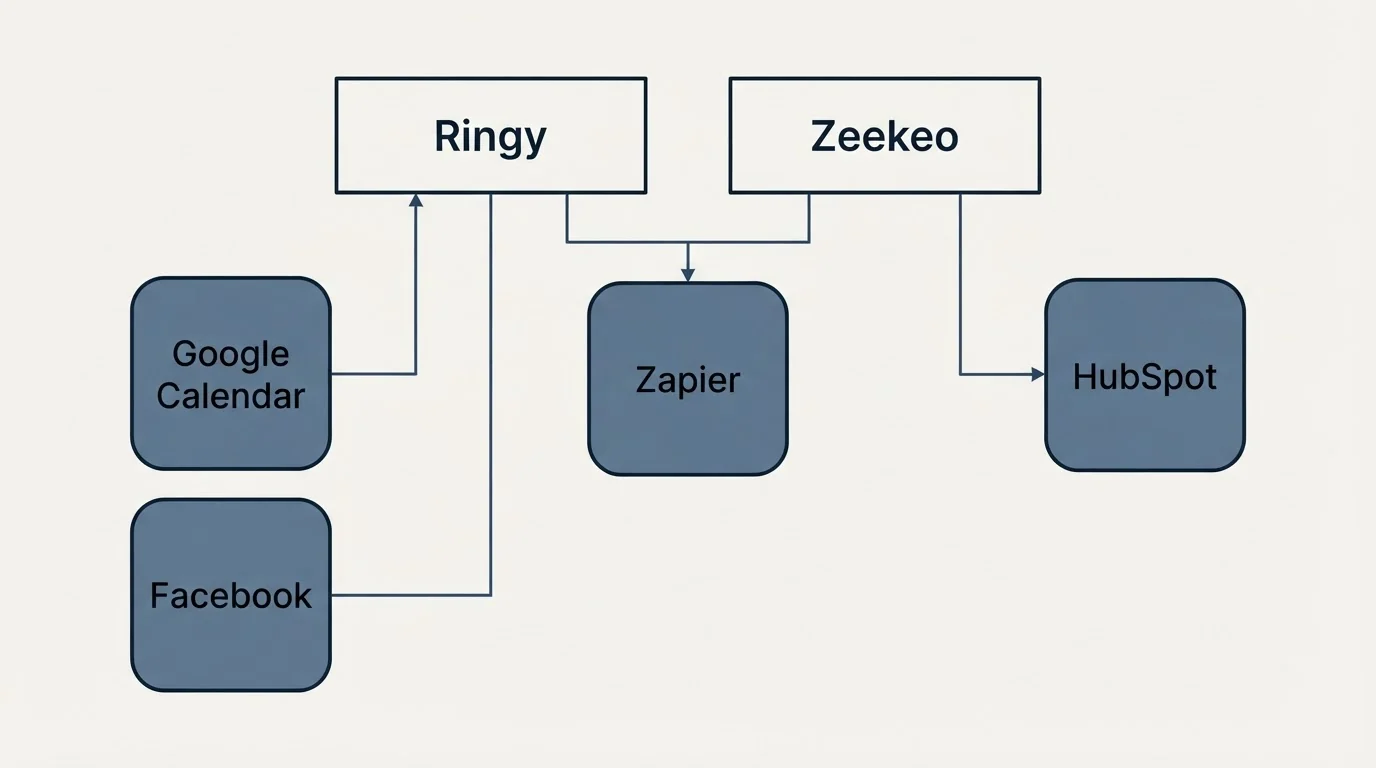 Integration grid: Integration Ecosystem (Ringy, Zeekeo, Zapier, Google Calendar)
