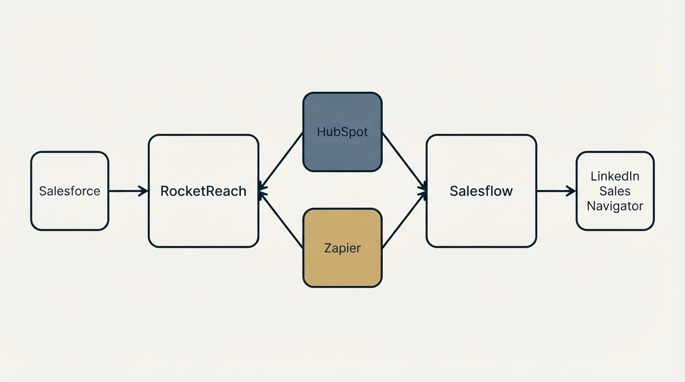 Integration schematic: Integration Ecosystem (RocketReach, Salesflow, HubSpot, Zapier)