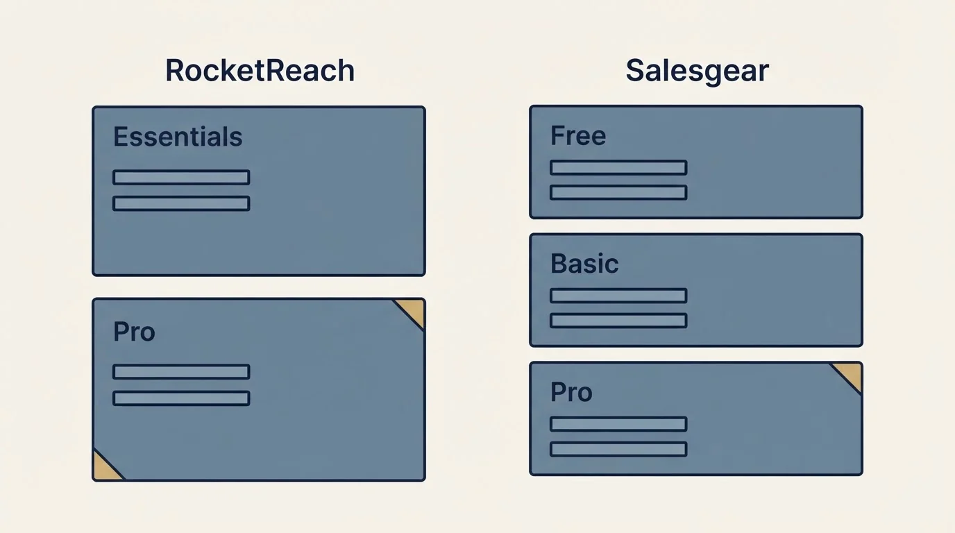 Pricing table: Pricing Comparison (RocketReach, Salesgear, Essentials, Free)