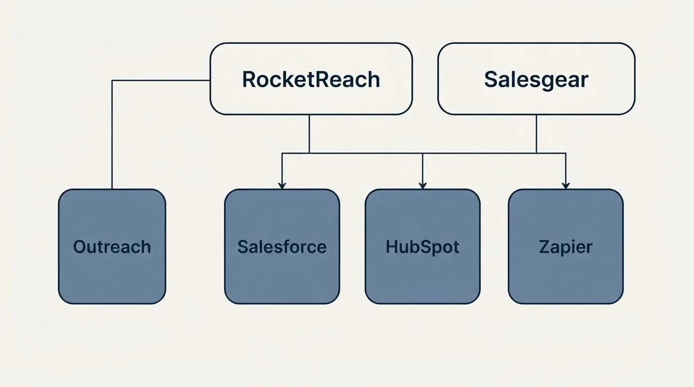 Integration grid: Integration Ecosystem (RocketReach, Salesgear, Salesforce, HubSpot)