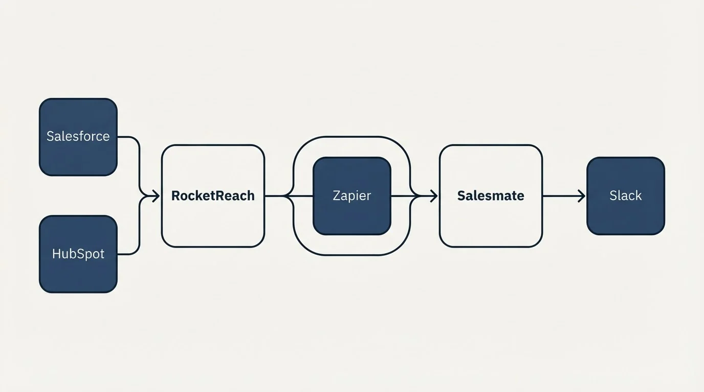 Integration schematic: Integration Ecosystem (RocketReach, Salesmate, Zapier, Salesforce)