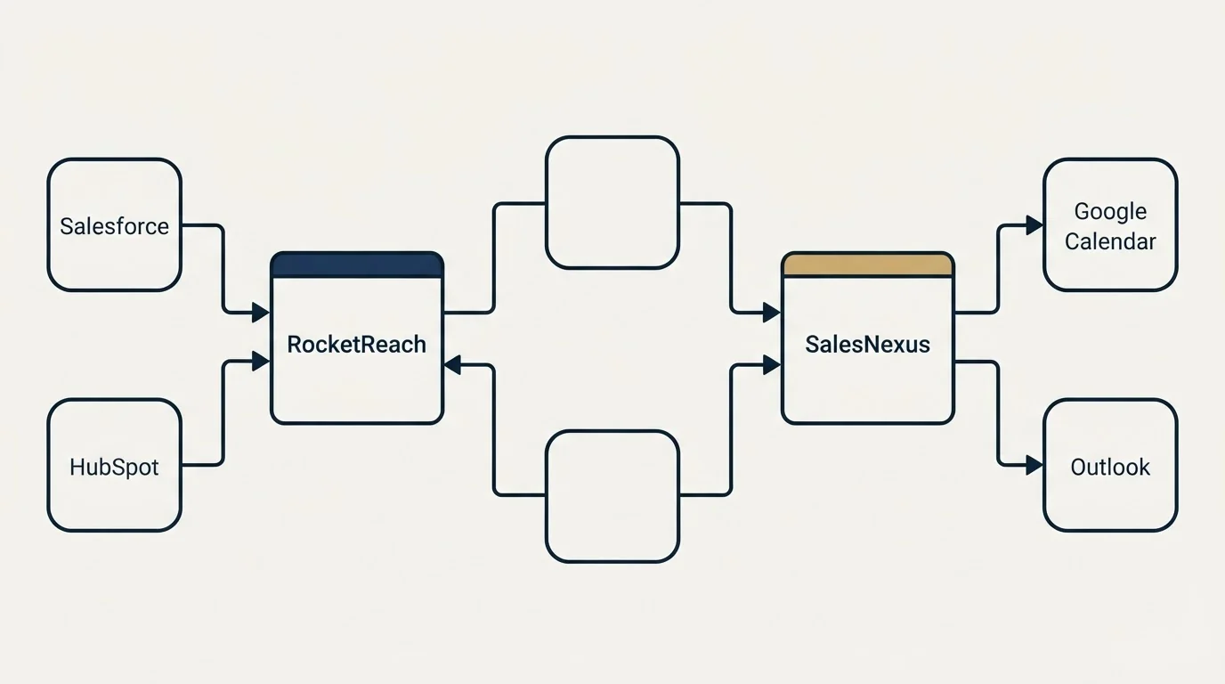 Integration flow: Integration Ecosystem (RocketReach, SalesNexus, Salesforce, Google Calendar)