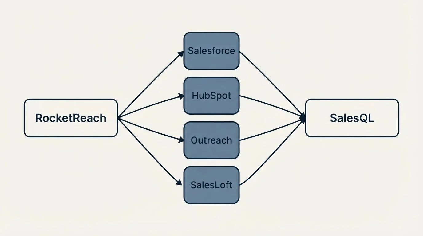 Integration schematic: Integration Ecosystem (RocketReach, SalesQL, Salesforce, HubSpot)