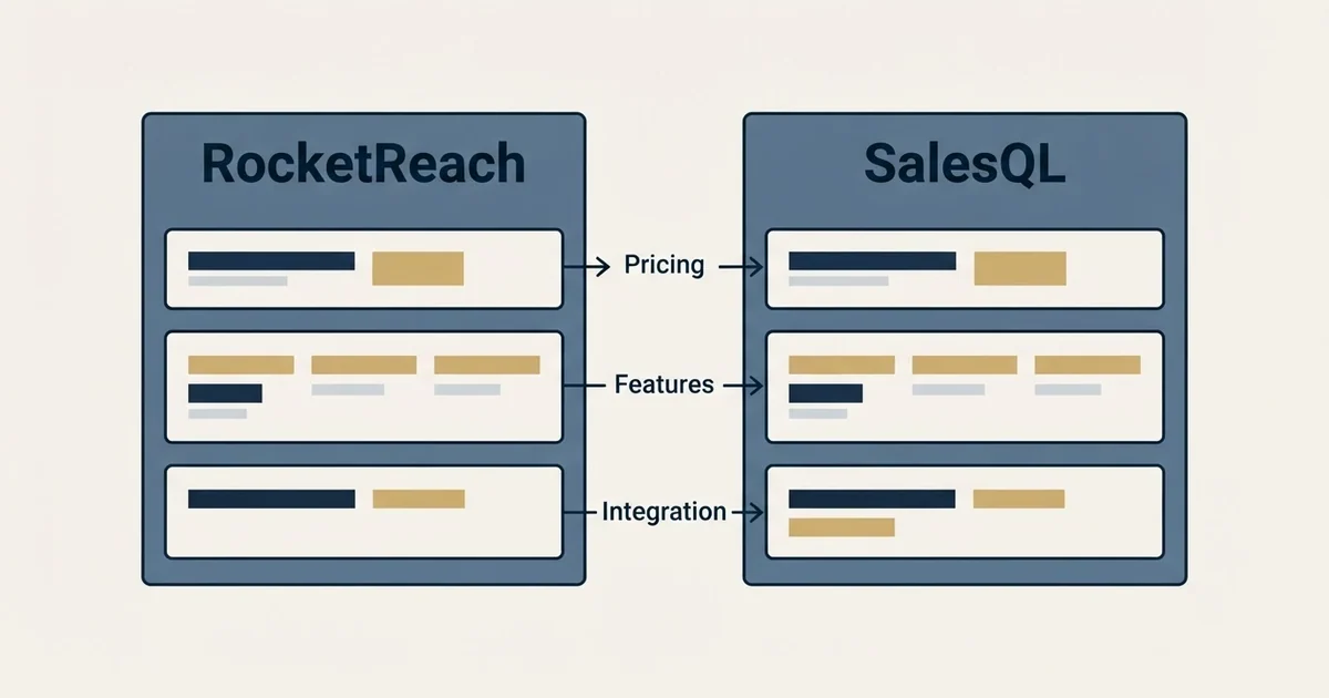 Comparison panel: RocketReach vs SalesQL (Pricing, Features, Integration)