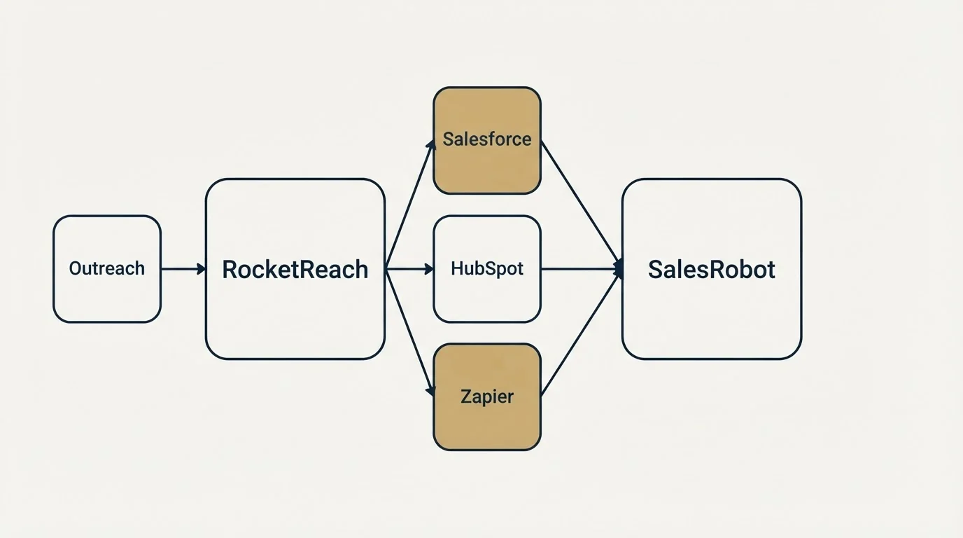 Integration schematic: Integration Ecosystem (RocketReach, SalesRobot, Salesforce, HubSpot)