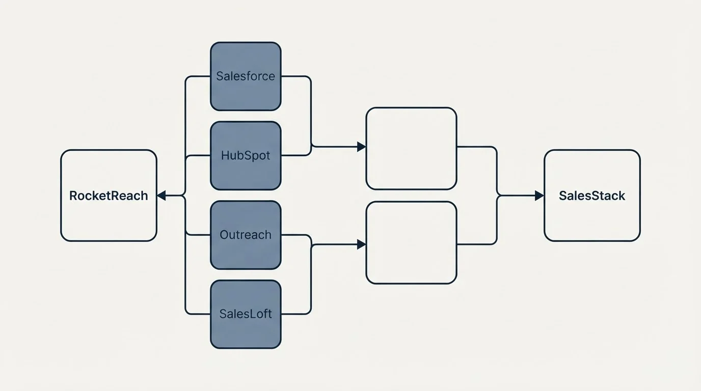 Integration flow: Integration Ecosystem (RocketReach, SalesStack, Salesforce, HubSpot)