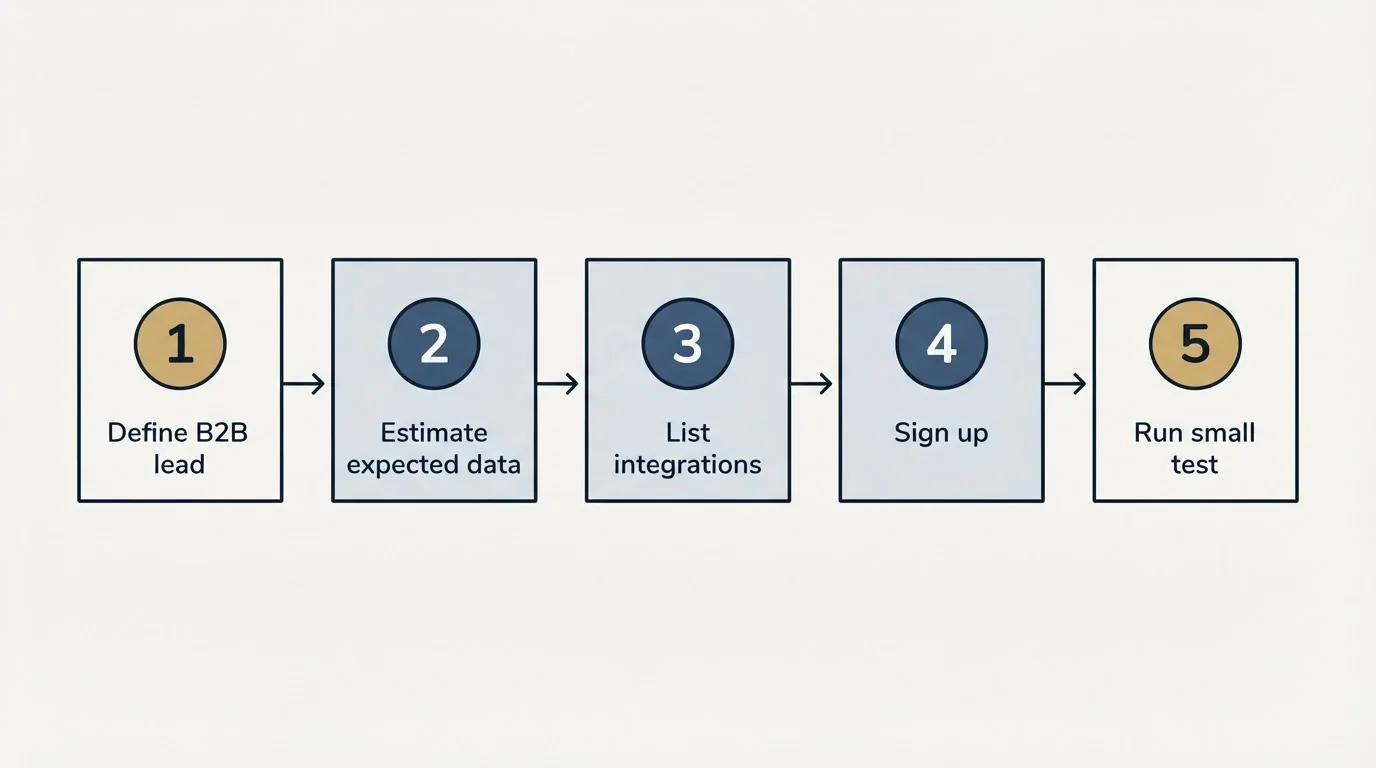 Step sequence: Getting Started Checklist (Define B2B lead, Estimate expected data, List integrations, Sign up)