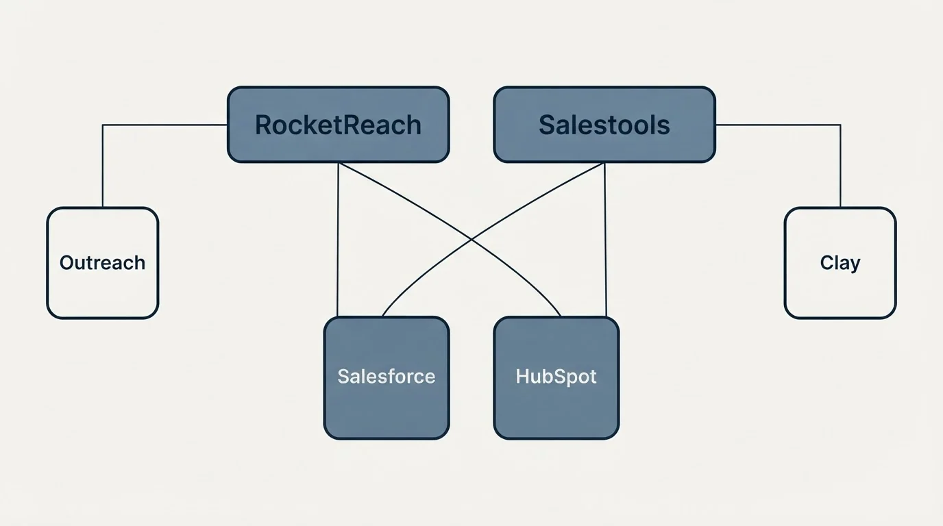 Integration grid: Integration Ecosystem (RocketReach, Salestools, Salesforce, HubSpot)