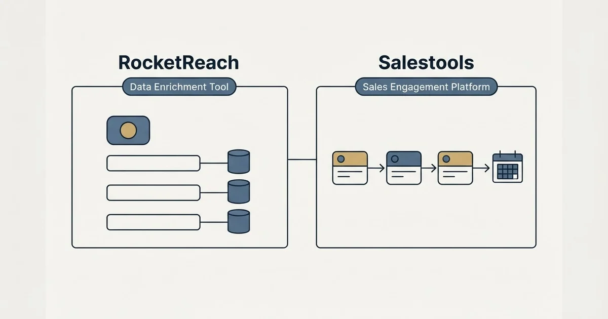 Side-by-side panels: RocketReach vs Salestools (Data Enrichment Tool, Sales Engagement Platform)