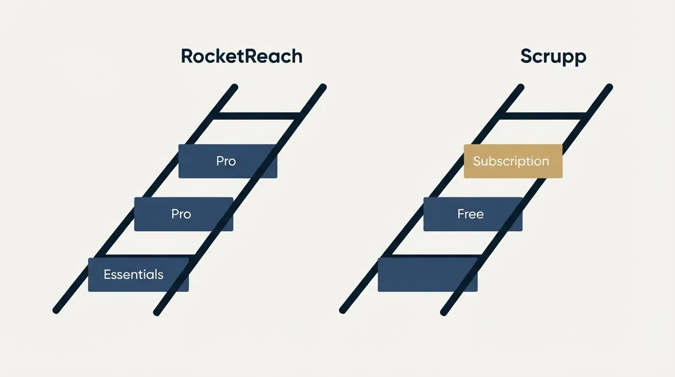Pricing ladder: Pricing Comparison (RocketReach, Scrupp, Essentials, Free)
