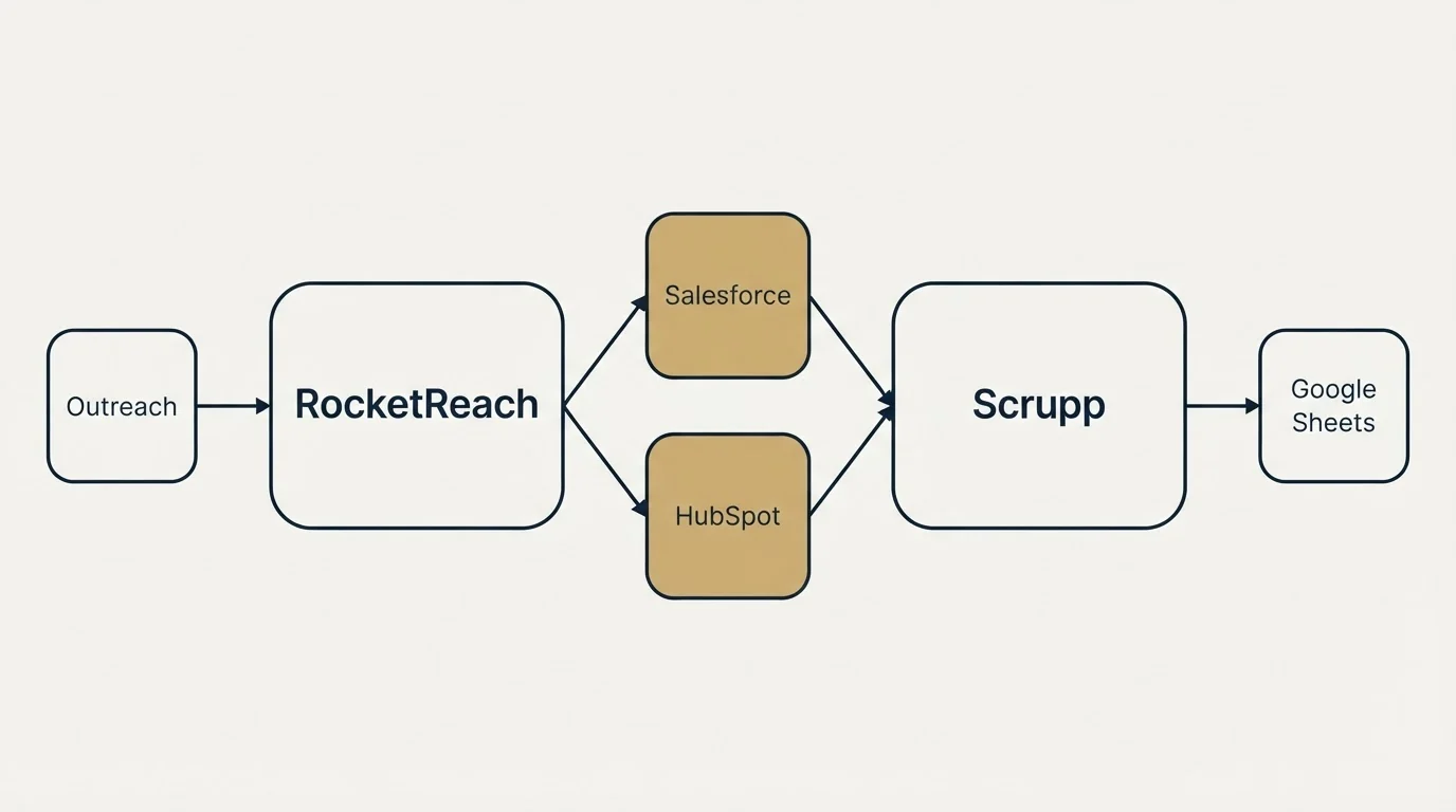 Integration schematic: Integration Ecosystem (RocketReach, Scrupp, Salesforce, HubSpot)