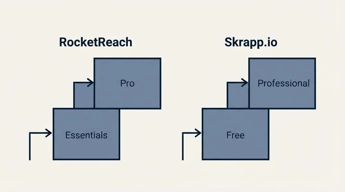 Pricing ladder: Pricing Comparison (RocketReach, Skrapp.io, Essentials, Free)