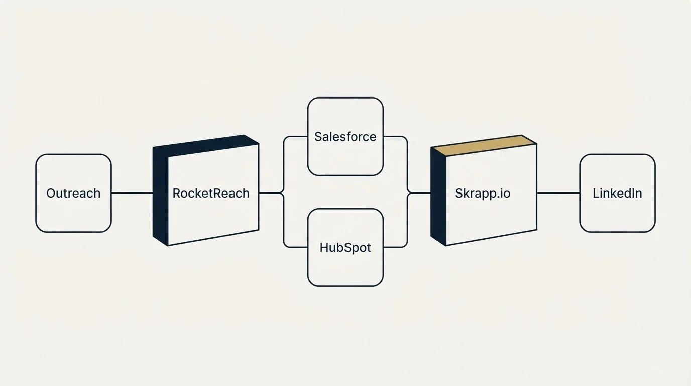 Integration flow: Integration Ecosystem (RocketReach, Skrapp.io, Salesforce, HubSpot)