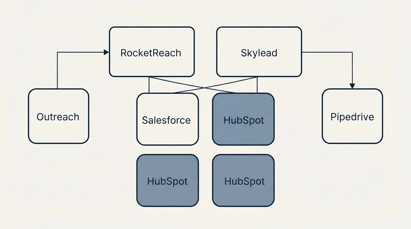 Integration grid: Integration Ecosystem (RocketReach, Skylead, Salesforce, HubSpot)