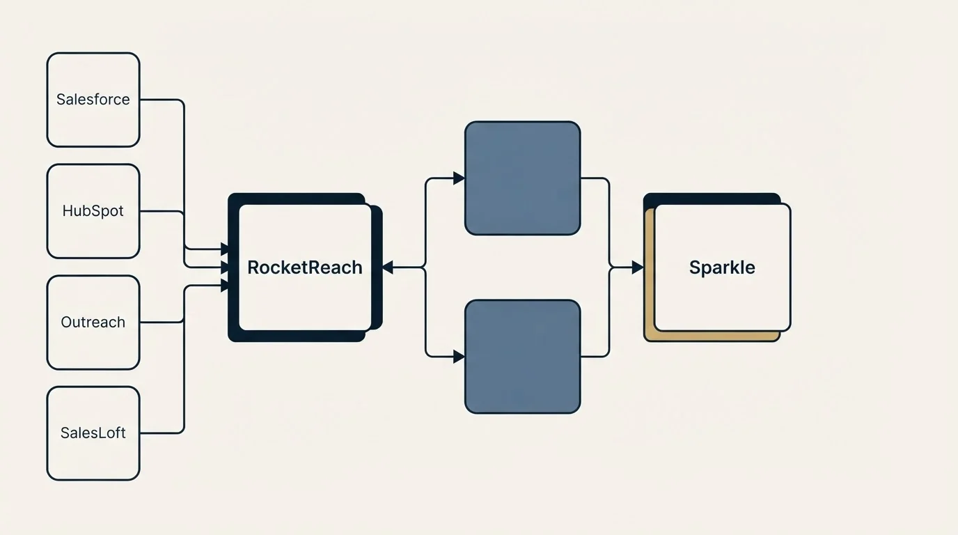 Integration flow: Integration Ecosystem (RocketReach, Sparkle, Salesforce, HubSpot)