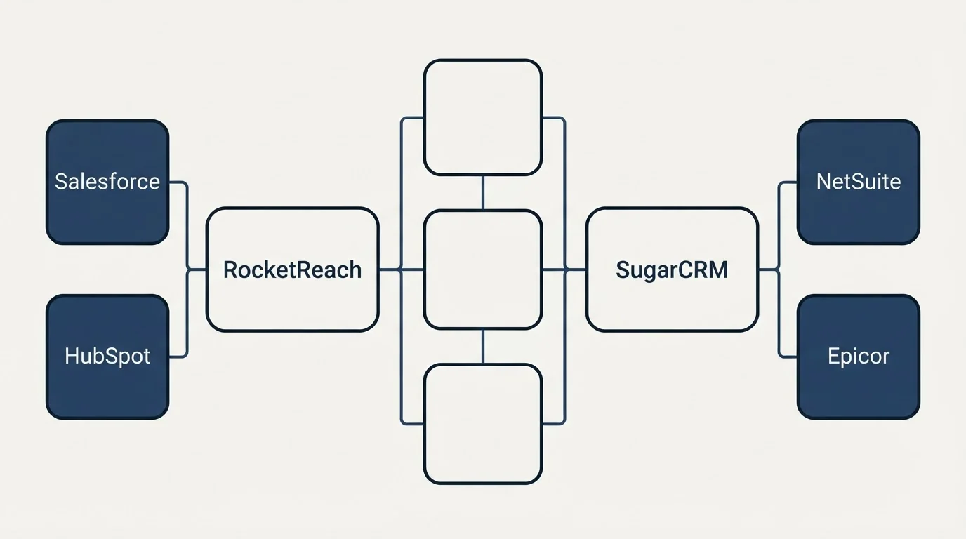 Integration flow: Integration Ecosystem (RocketReach, SugarCRM, Salesforce, NetSuite)