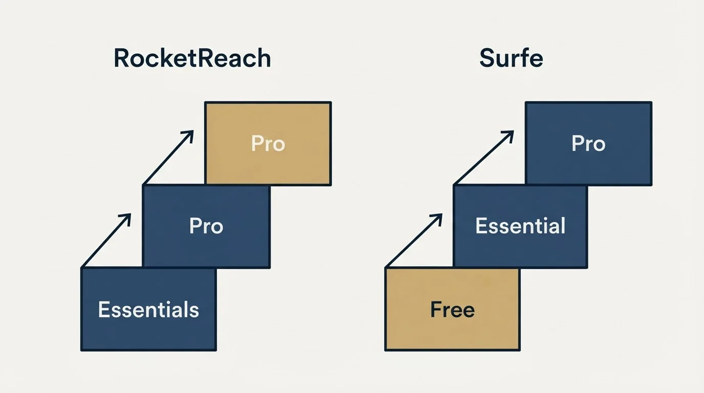 Pricing ladder: Pricing Comparison (RocketReach, Surfe, Essentials, Free)