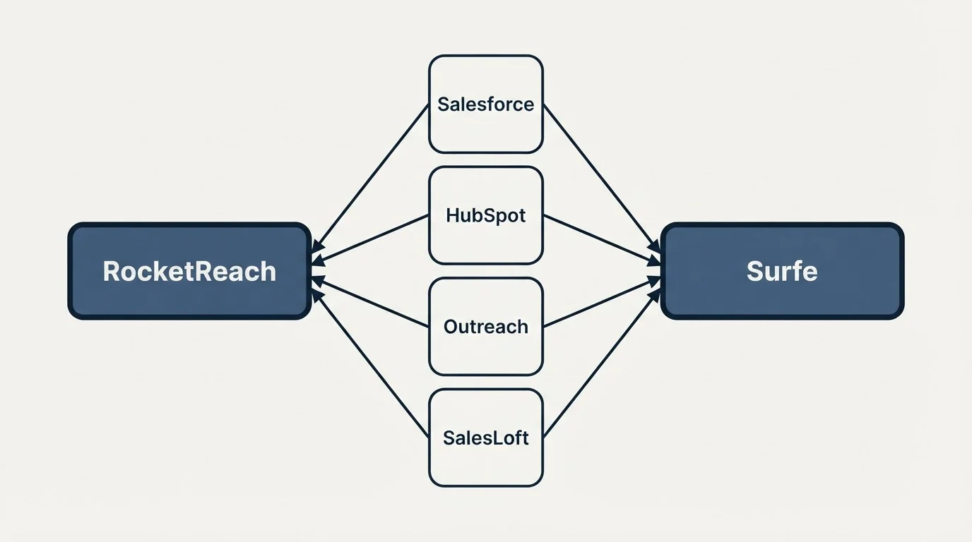 Integration schematic: Integration Ecosystem (RocketReach, Surfe, Salesforce, HubSpot)