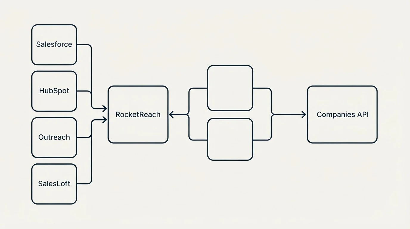 Integration schematic: Integration Ecosystem (RocketReach, Companies API, Salesforce, HubSpot)